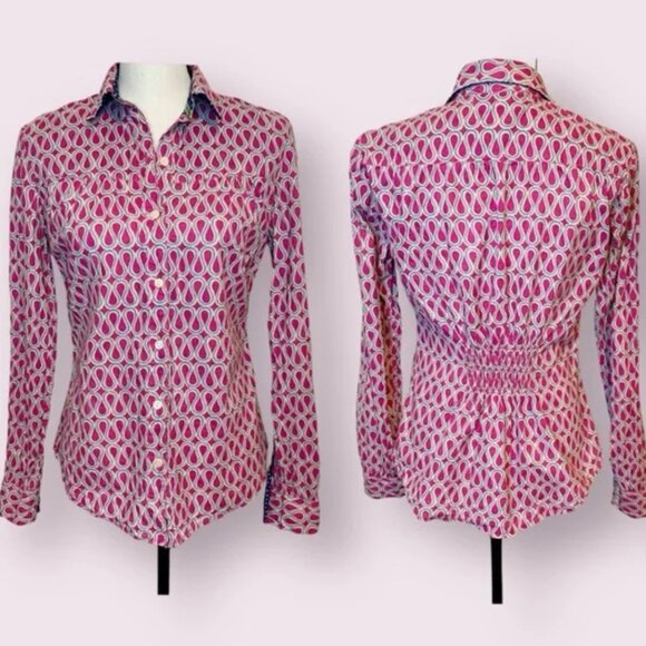 Anthropologie Isabella Sinclair Pink Patterned Button Down Top Cinch Back szL - Picture 1 of 16